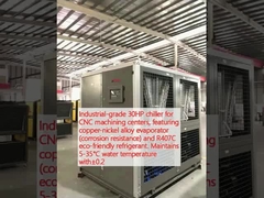 Refrigerador de 30 CV de grado industrial para centros de mecanizado CNC, con evaporador de aleación de cobre y níquel (resistencia a la corrosión) y refrigerante ecológico R407C. Mantiene la temperatura del agua de 5-35 °C con ± 0.2